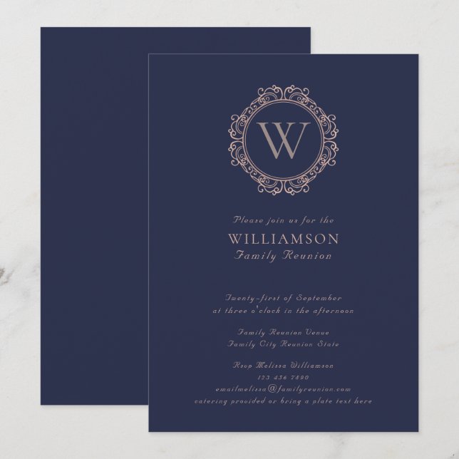 Elegant Monogram Navy Blue Family Reunion Invitation (Front/Back)