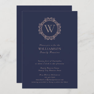 Elegant Monogram Navy Blue Family Reunion Invitation