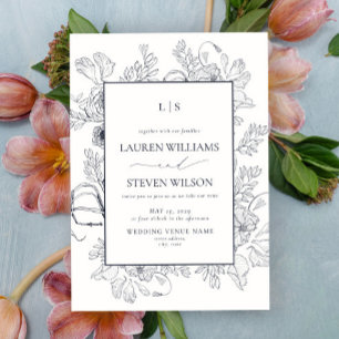 Elegant Monogram Navy Blue Floral Line Art Wedding Invitation