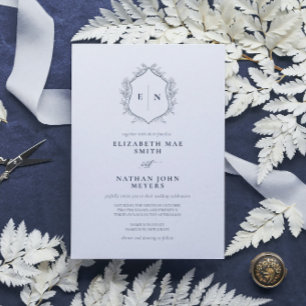 Elegant Monogram Navy Blue Formal Wedding Invitation