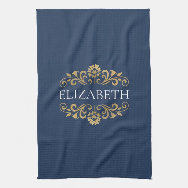 Elegant Monogram Navy Blue Gold Tea Towel (Vertical)