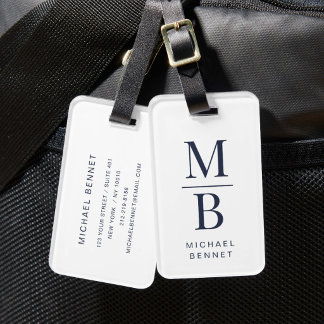 Elegant Monogram Navy Blue Luggage Tag