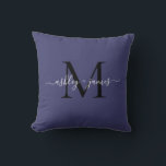 Elegant Monogram Navy Blue Script Names Wedding Cushion<br><div class="desc">Chic monogrammed keepsake pillow with your names and monogram in white elegant handwritten script calligraphy and black modern typography on a navy blue background. Simply add your names and monogram. Exclusively designed for you by Happy Dolphin Studio. If you need any help or matching products, please contact us at happydolphinstudio@outlook.com....</div>