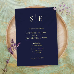 Elegant Monogram Navy Blue Wedding Gold