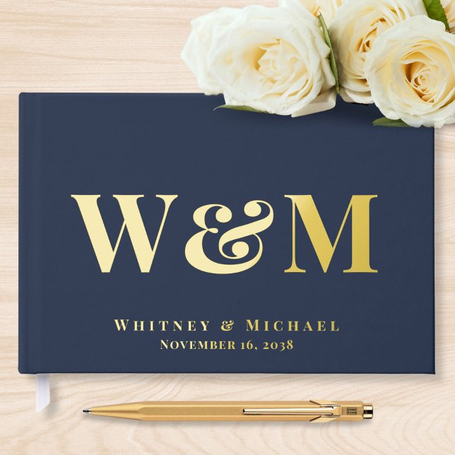 Elegant Monogram Navy Blue Wedding Guest Book (Creator Uploaded)
