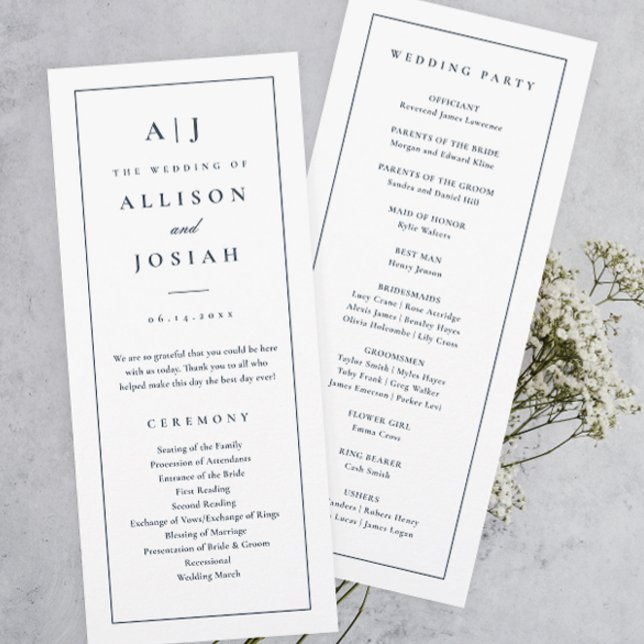Elegant Monogram Navy Blue Wedding Program Invitation (Elegant and Classic Monogram Navy Blue Wedding Program.)