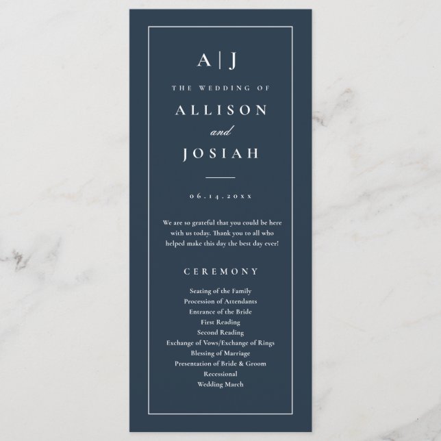 Elegant Monogram Navy Blue Wedding Programme (Front)
