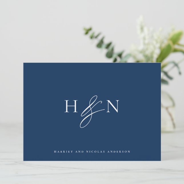 Elegant Monogram Navy Blue Wedding Thank You Card (Standing Front)