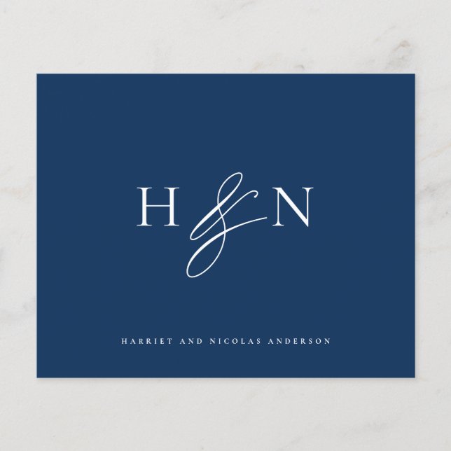 Elegant Monogram Navy Blue Wedding Thank You Card (Front)