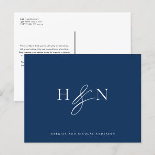 Elegant Monogram Navy Blue Wedding Thank You Postcard