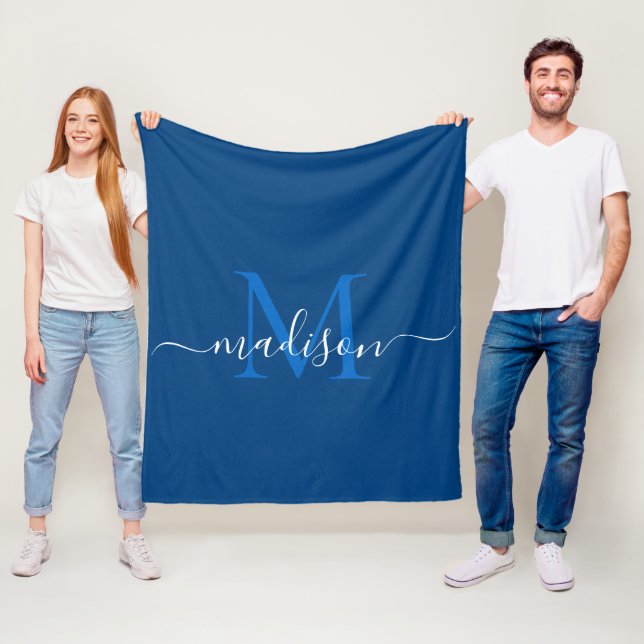 Elegant Monogram Navy Blue White Modern Script Fleece Blanket (In Situ)