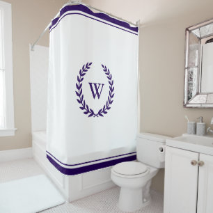 Elegant Monogram Navy Blue White Shower Curtain