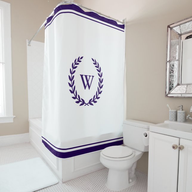 Elegant Monogram Navy Blue White Shower Curtain (In Situ)