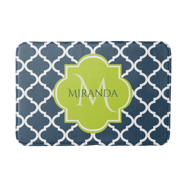 Elegant Monogram Navy Green Quatrefoil and Name Bath Mat (Front)