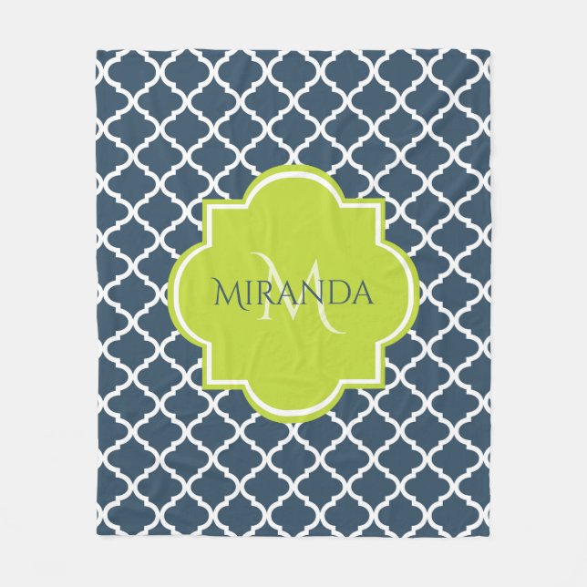 Elegant Monogram Navy Green Quatrefoil and Name Fleece Blanket (Front)