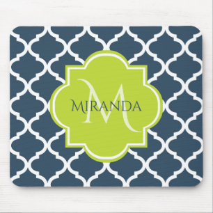 Elegant Monogram Navy Green Quatrefoil and Name Mouse Mat