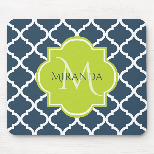 Elegant Monogram Navy Green Quatrefoil and Name Mouse Mat (Front)