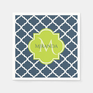 Elegant Monogram Navy Green Quatrefoil and Name Napkin