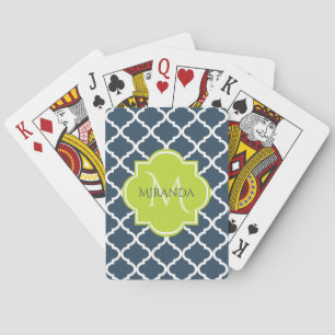Elegant Monogram Navy Green Quatrefoil and Name Playing Cards