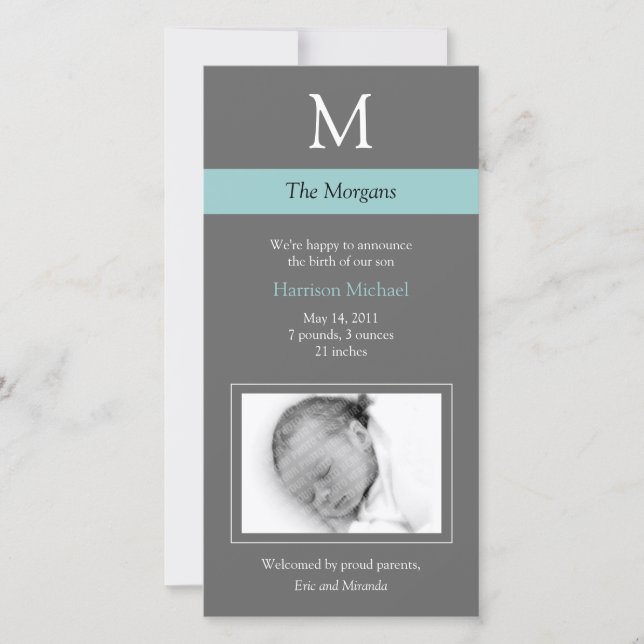 Elegant Monogram New Baby Photo Card - Grey/Blue (Front)