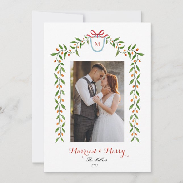 Elegant monogram Newly wed Holiday Announcement (Front)