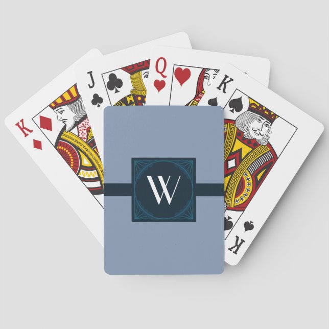 Elegant Monogram on a Blue Art Deco Square Playing Cards (Back)