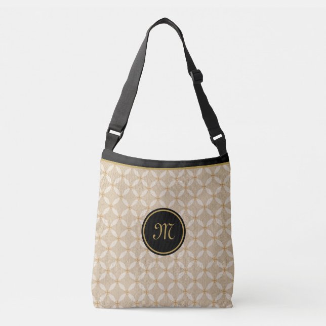 Elegant Monogram on Black, Beige and Golden Crossbody Bag (Front)
