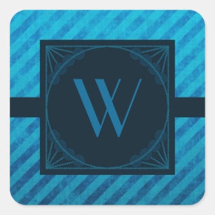 Elegant Monogram on Blue Diagonal Stripes Square Sticker
