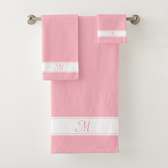 Elegant Monogram on Cherry Blossom Pink & White Bath Towel Set (Insitu)
