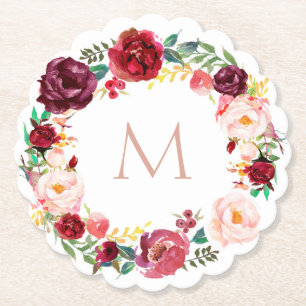 elegant monogram on floral wreath paper coaster