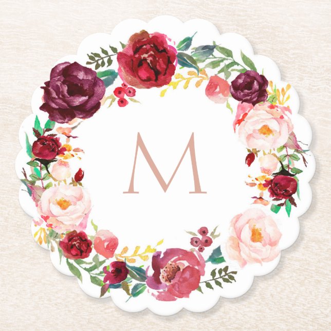 elegant  monogram on floral wreath paper coaster (Front)