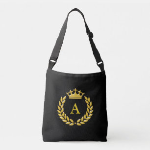 Elegant Monogram on Golden Crown & Laurel on Black Crossbody Bag