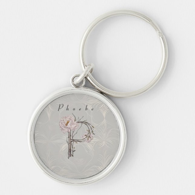 Elegant Monogram P: Peonies, Tree Bark & Vines Key Ring (Front)