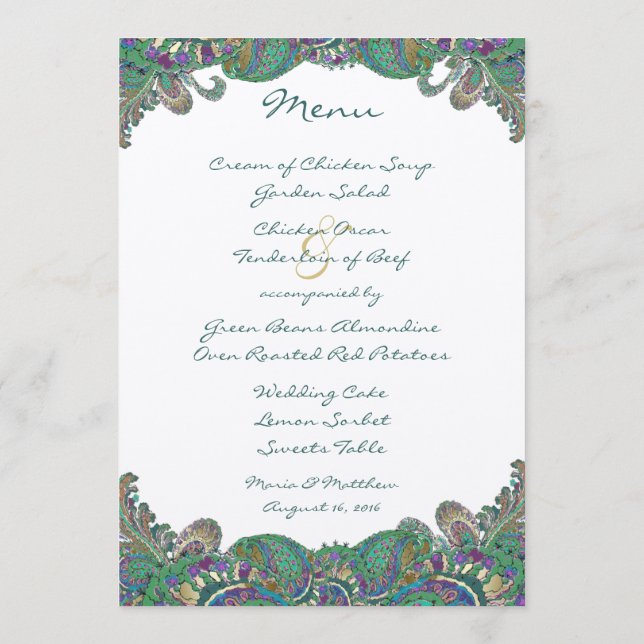 Elegant Monogram Paisley Peacock Colours Wedding Menu (Back)