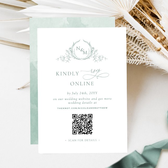 Elegant Monogram Pale Green RSVP Online QR Code  Enclosure Card (Creator Uploaded)