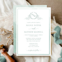 Elegant Monogram Pale Green Watercolor Wedding Inv
