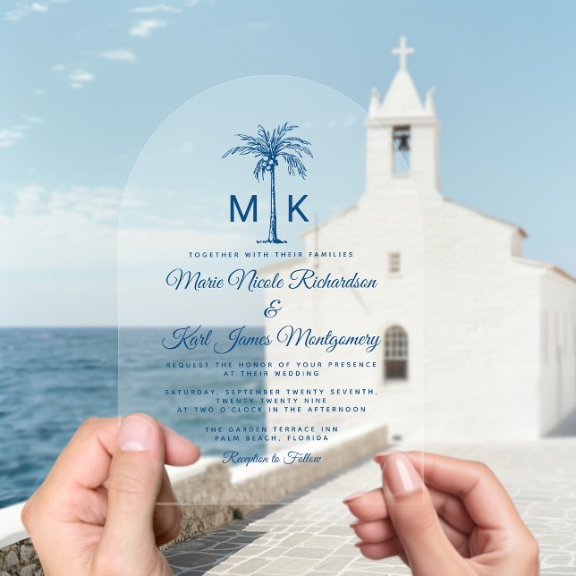 Elegant Monogram Palm Tree Formal Beach Wedding Acrylic Invitations (Elegant Monogram Palm Tree Formal Beach Wedding Acrylic Invitation)