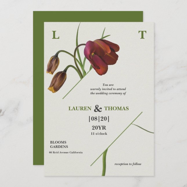 Elegant Monogram Papaya Whip Bloom Tulips  Wedding Invitation (Front/Back)