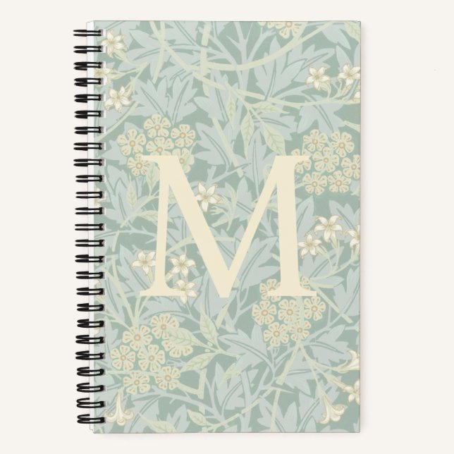 Elegant Monogram Pastel Green Jasmine Floral Notebook (Front)
