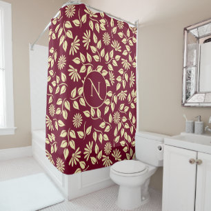 Elegant Monogram Pastel Leaves Daisies Burgundy Shower Curtain