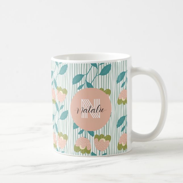 Elegant monogram pastel retro pattern floral blue coffee mug (Right)