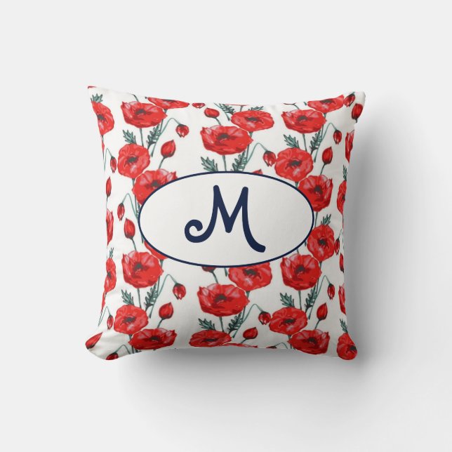 Elegant monogram pattern with red poppy flowers cushion (Front)