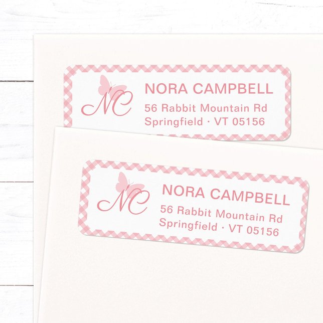 Elegant Monogram Peach Pink Gingham Return Address (Elegant butterfly monogram return address label in peach pink with a gingham checkered background.)