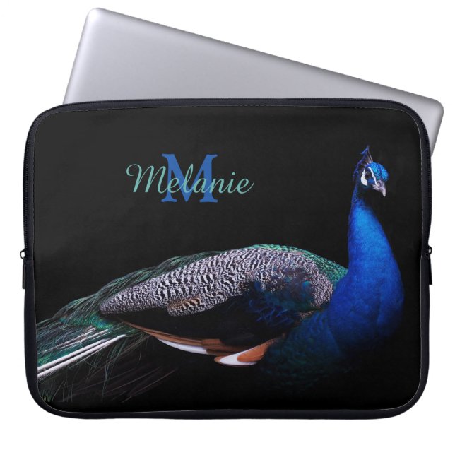 Elegant Monogram Peacock Black Laptop Sleeve (Front)