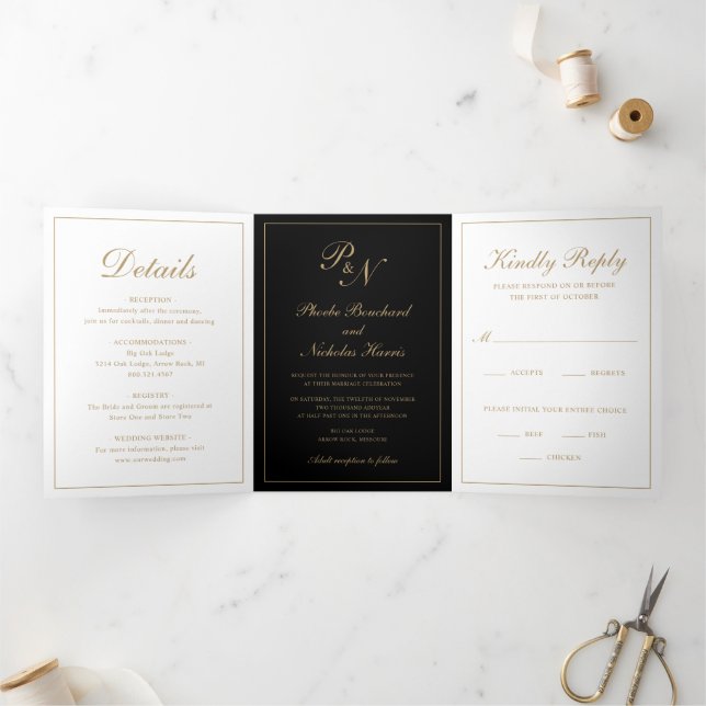Elegant Monogram Photo Black Gold Formal Wedding Tri-Fold Invitation (Inside)