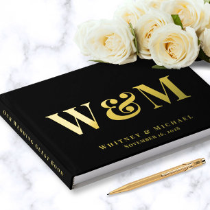 Elegant Monogram Photo Black Wedding Guest Book