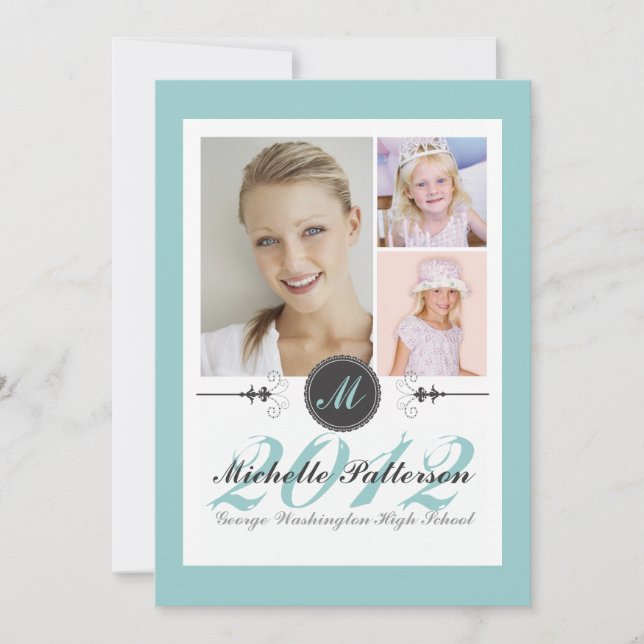 Elegant Monogram Photo Collage Graduation Teal Invitation (Front)