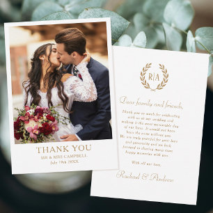 Elegant Monogram Photo Gold Black White Wedding Thank You Card