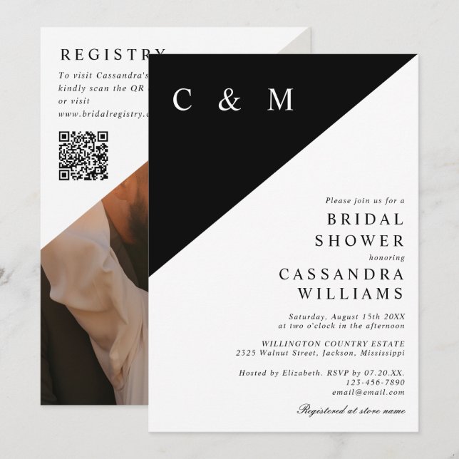 Elegant Monogram Photo QR Code Bridal Shower Invitation (Front/Back)