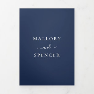 Elegant Monogram Photo Simple Navy Blue Wedding Tri-Fold Invitation
